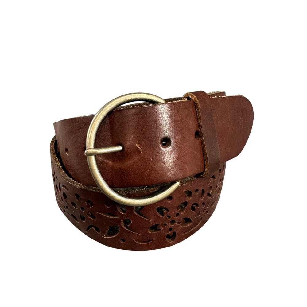 American Eagle Brown Leather Floral Laser Cut Belt Round Brass Buckle XS